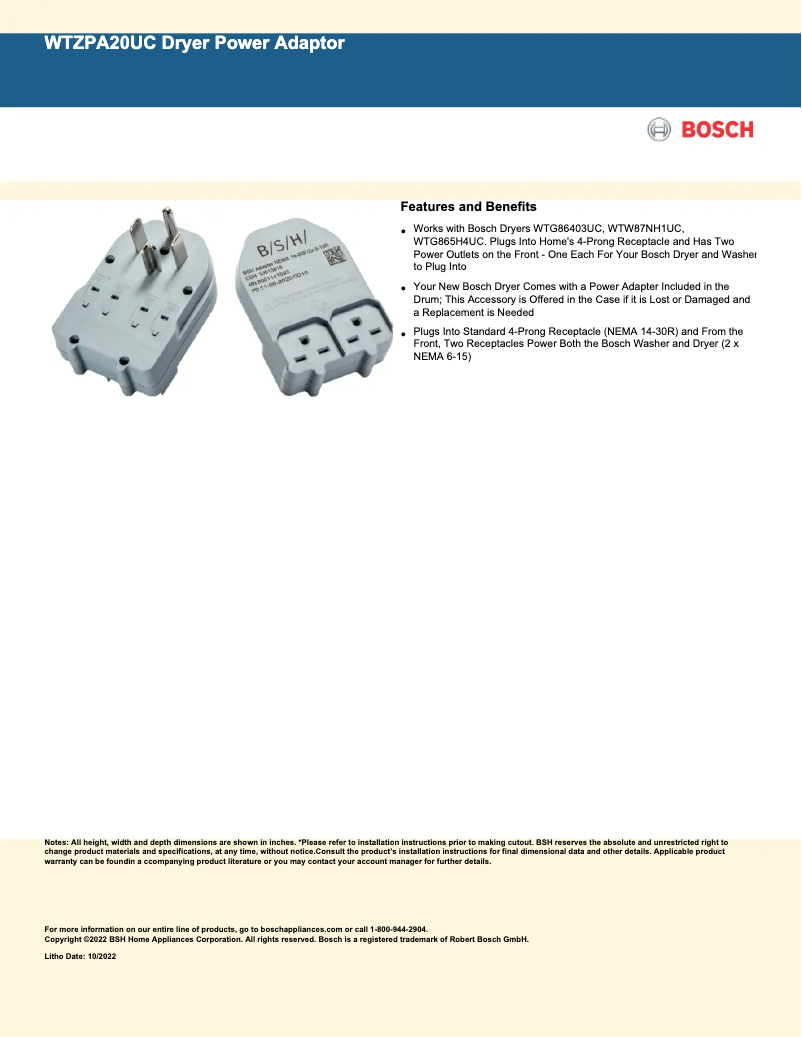 Página 1 del manual Ficha técnica Bosch WTZPA20UC