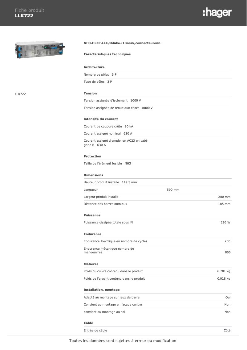 Page 1 de la notice Fiche technique Hager LLK722
