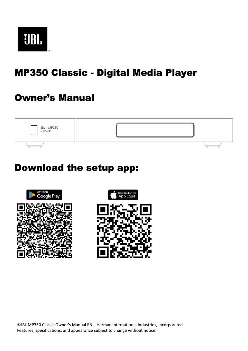 Page 1 de la notice Manuel utilisateur JBL MP350 Classic
