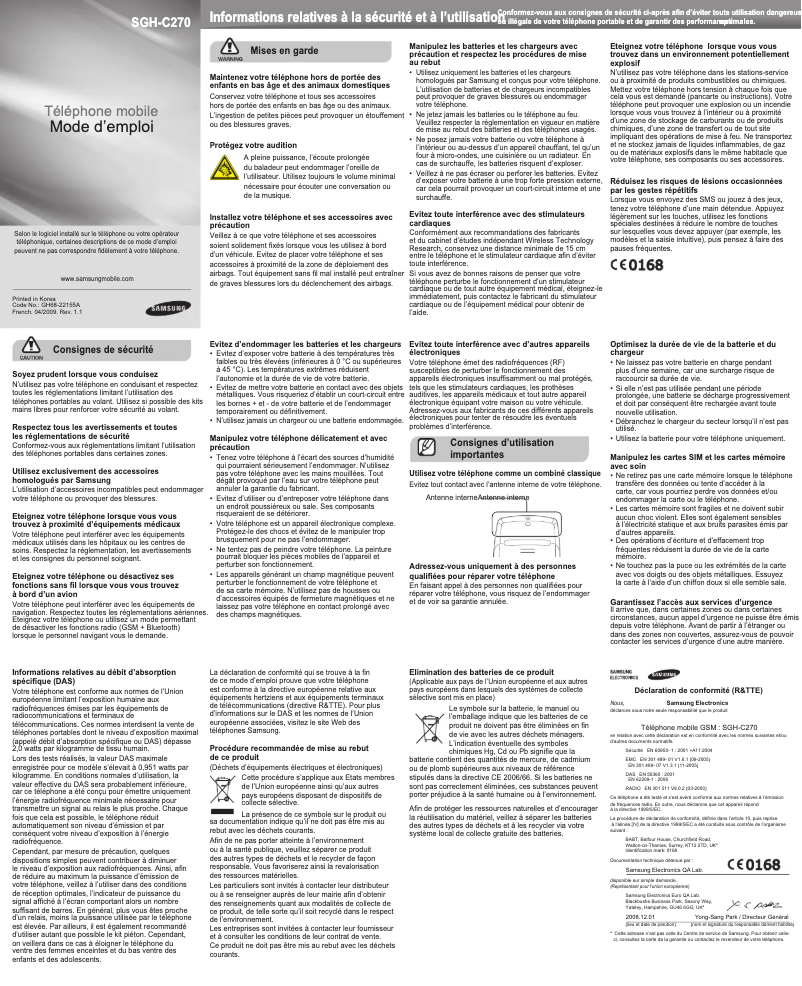 Page 1 de la notice Manuel utilisateur Samsung SGH-C270