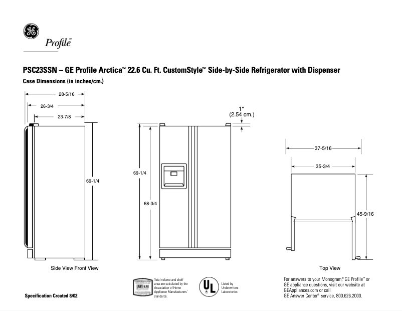 Página 1 del manual Ficha técnica GE Profile Arctica CustomStyle PSC23SSNSS