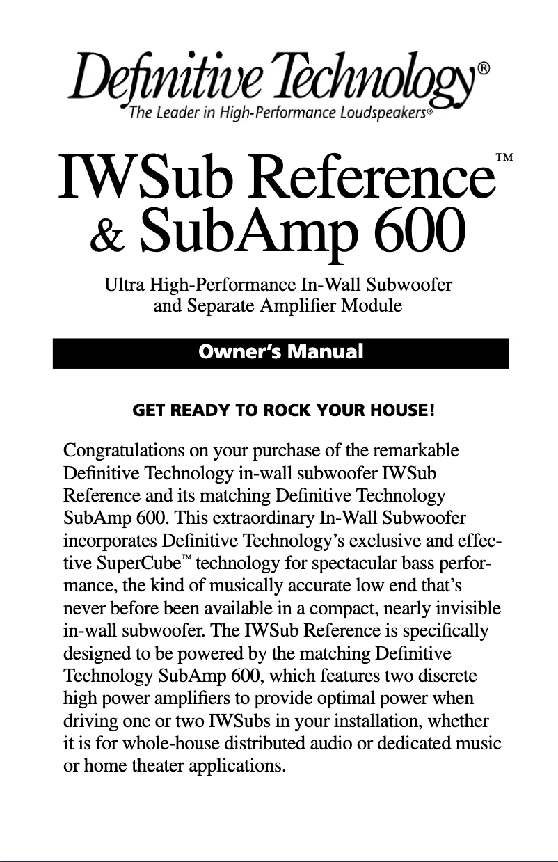 Page n°1 - Manuel utilisateur Definitive Technology SubAmp 600