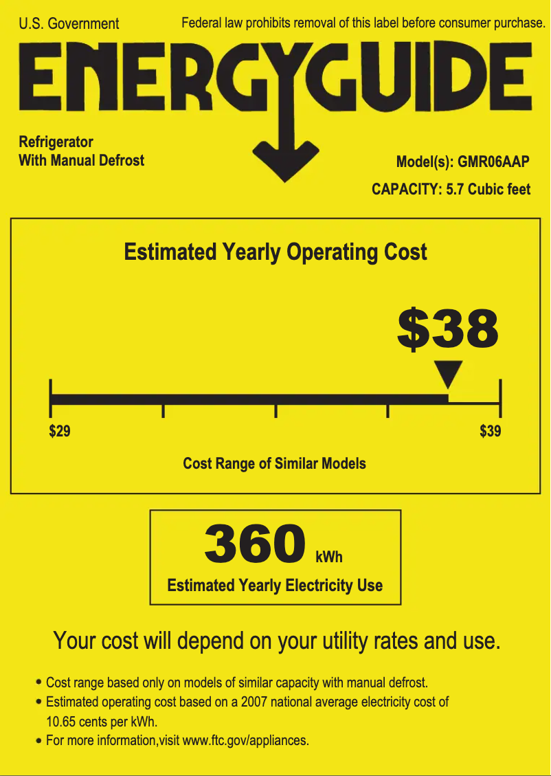 Página 1 del manual Etiqueta energética GE Spacemaker GMR06AAPWW