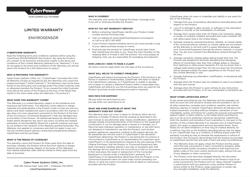 Page n°1 - Informations de garantie CyberPower ENVIROSENSOR