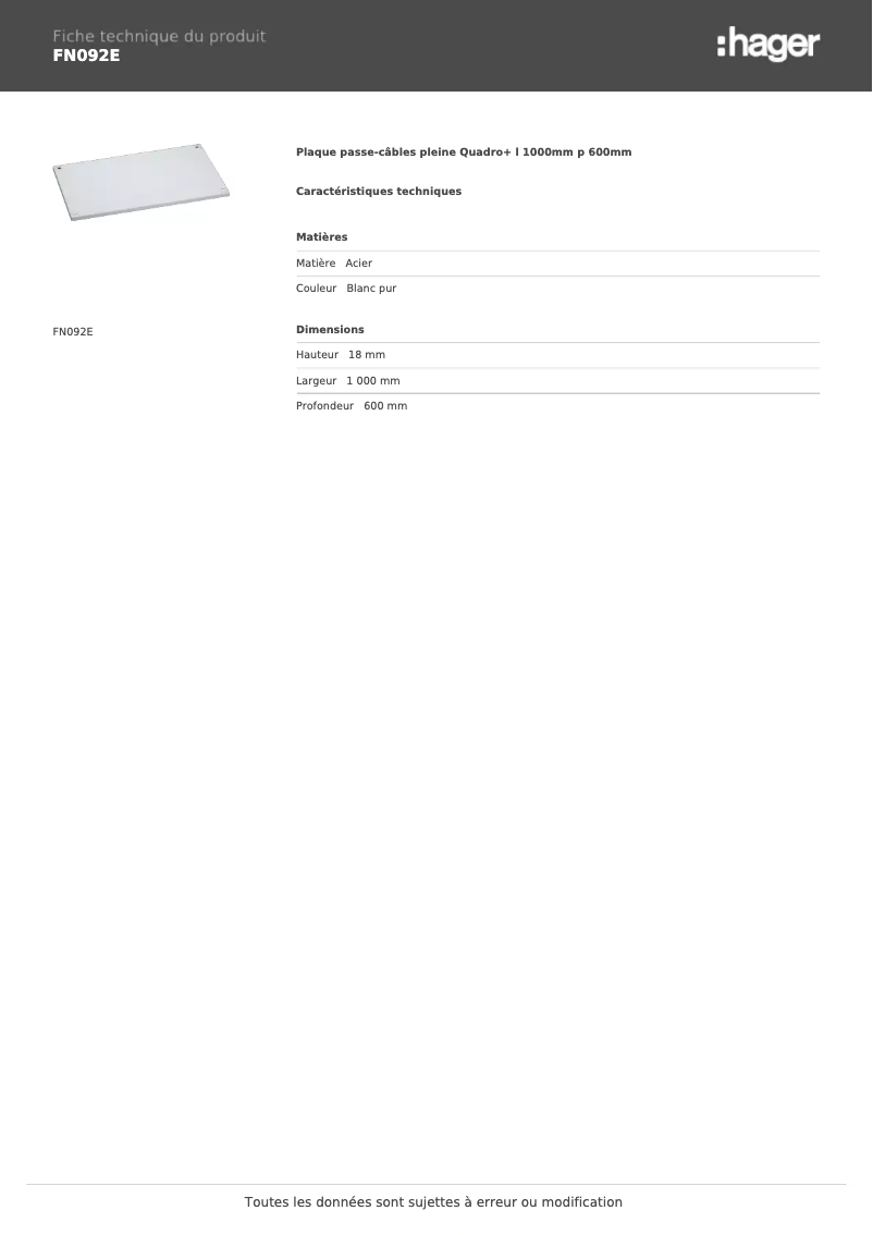 Page 1 de la notice Fiche technique Hager FN092E