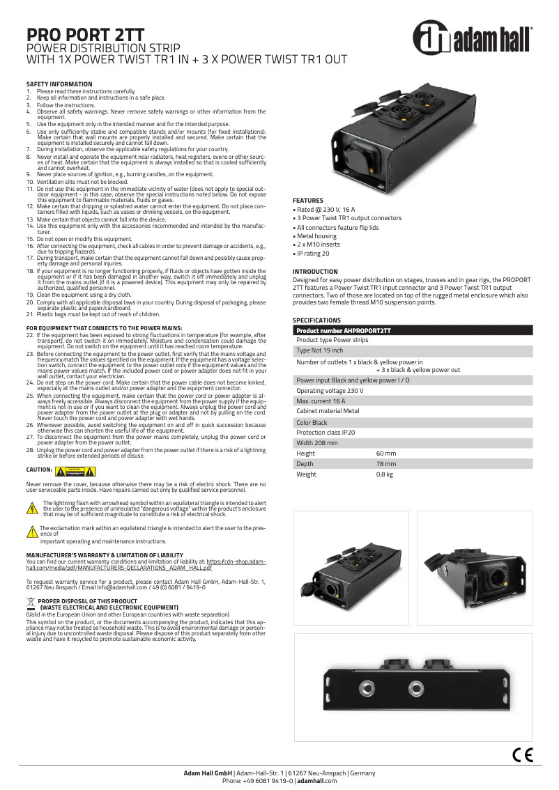 Page 1 de la notice Manuel utilisateur Adam Hall PRO PORT 2TT