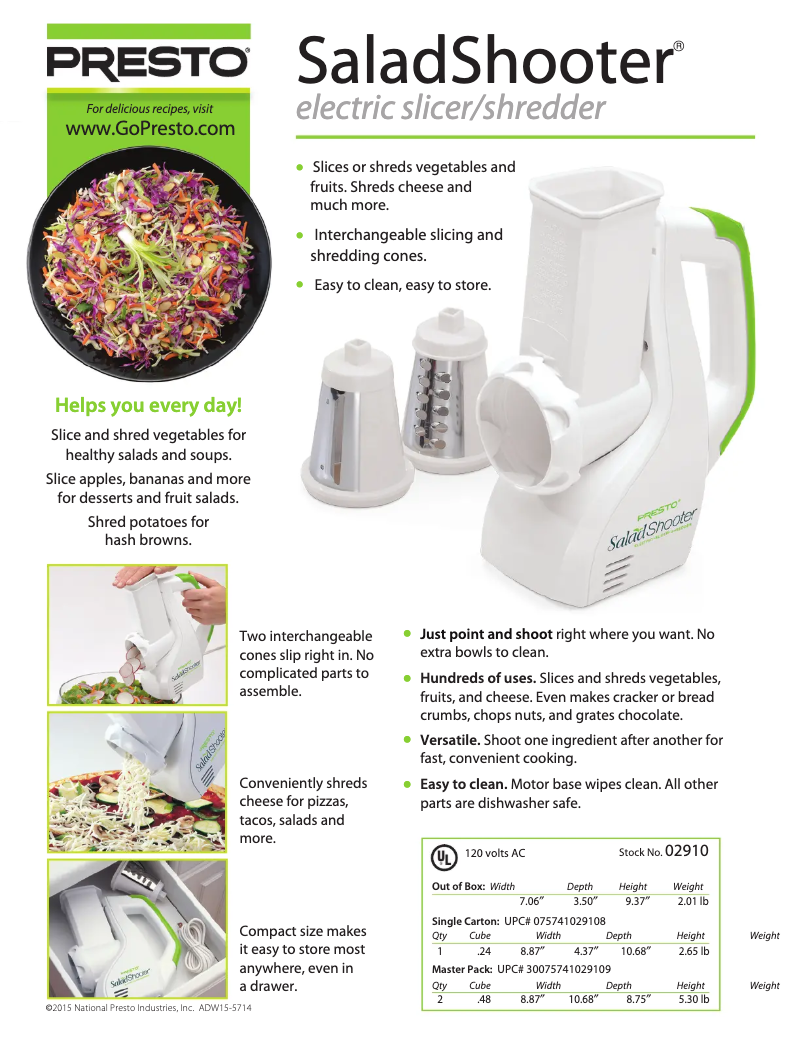 Page 1 de la notice Fiche technique Presto SaladShooter 02910