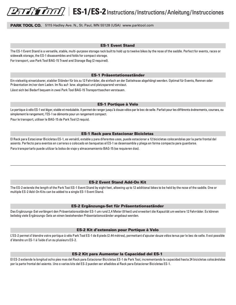 Page 1 de la notice Manuel utilisateur Park Tool ES-2