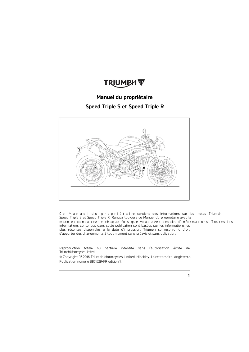 Page n°1 - Manuel utilisateur Triumph Speed Triple R (2018)