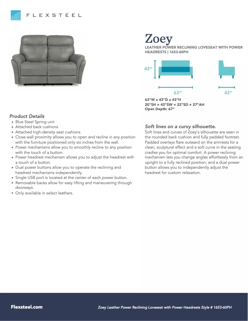 Page 1 de la notice Fiche technique Flexsteel Zoey 1653-60PH