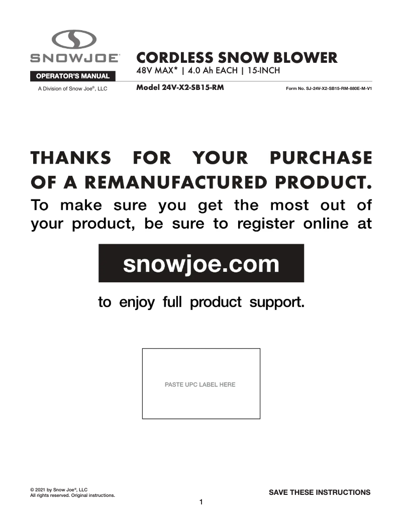 Page 1 de la notice Manuel utilisateur Snow Joe 24V-X2-SB15-RM