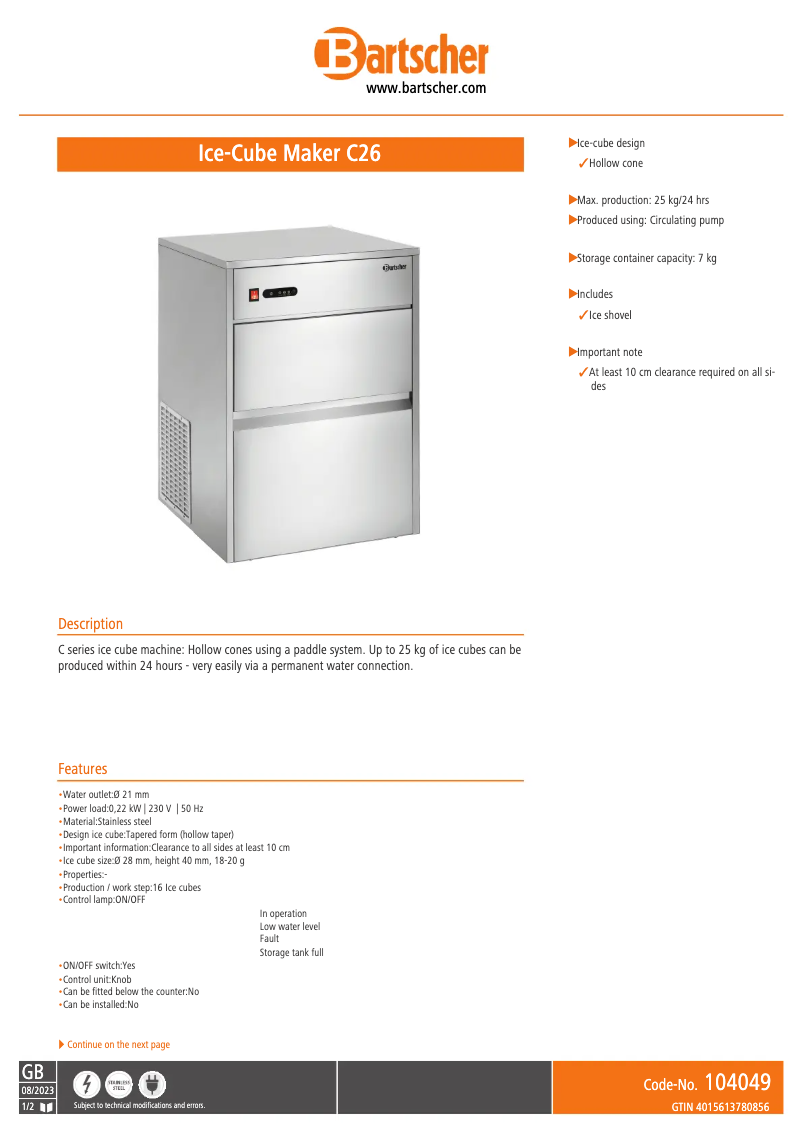 Page n°1 - Fiche technique Bartscher C26