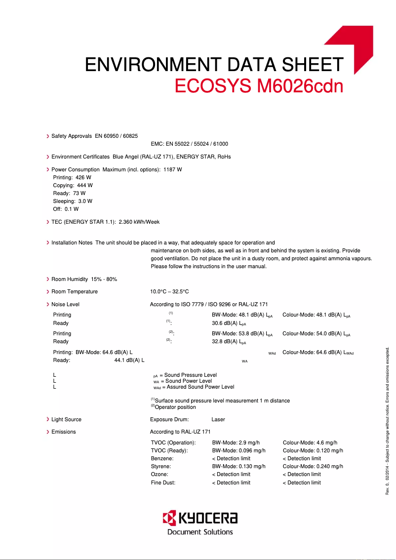 Page 1 de la notice Fiche technique Kyocera Ecosys M6026cdn
