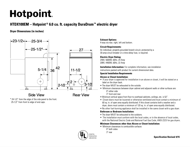 Page n°1 - Fiche technique Hotpoint HTDX100EMWW