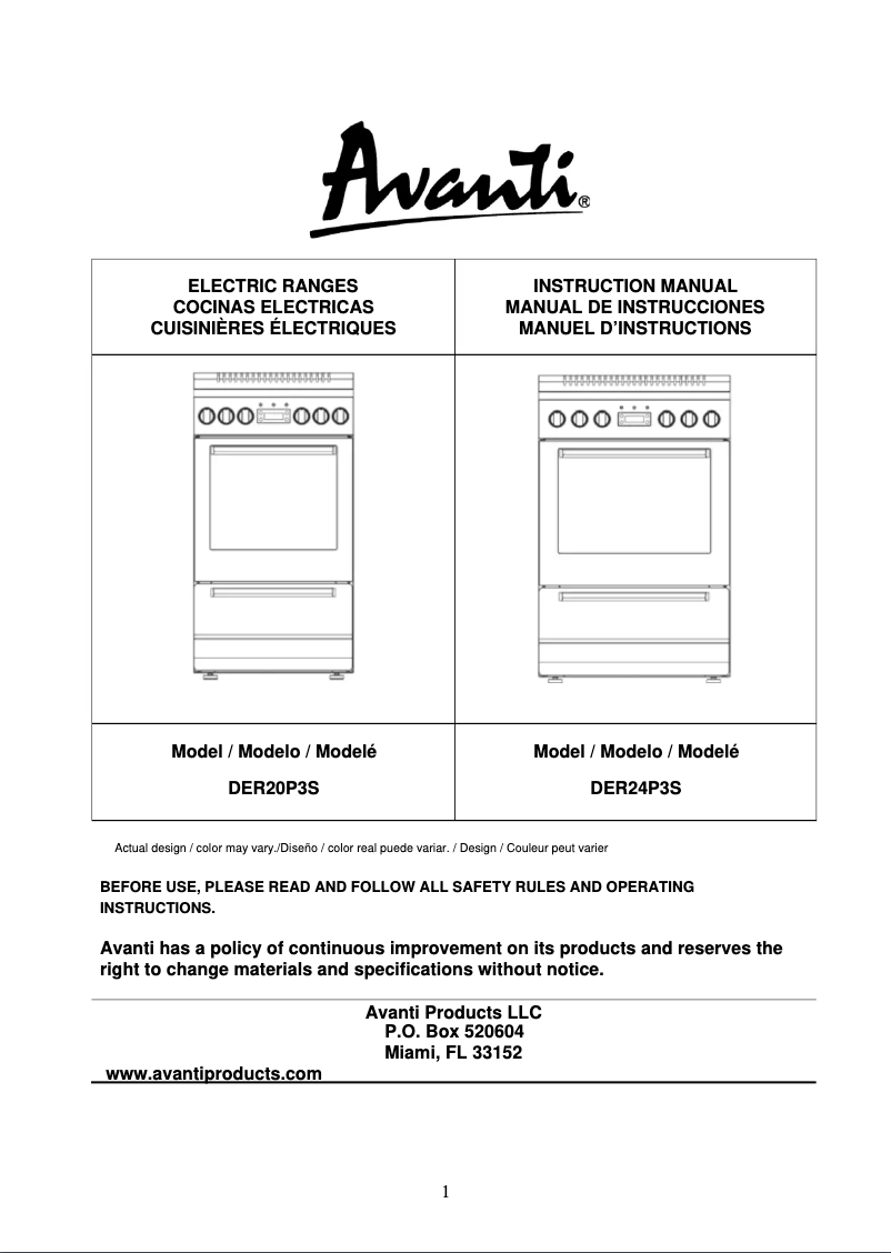 Page 1 de la notice Fiche technique Avanti DER20P3S