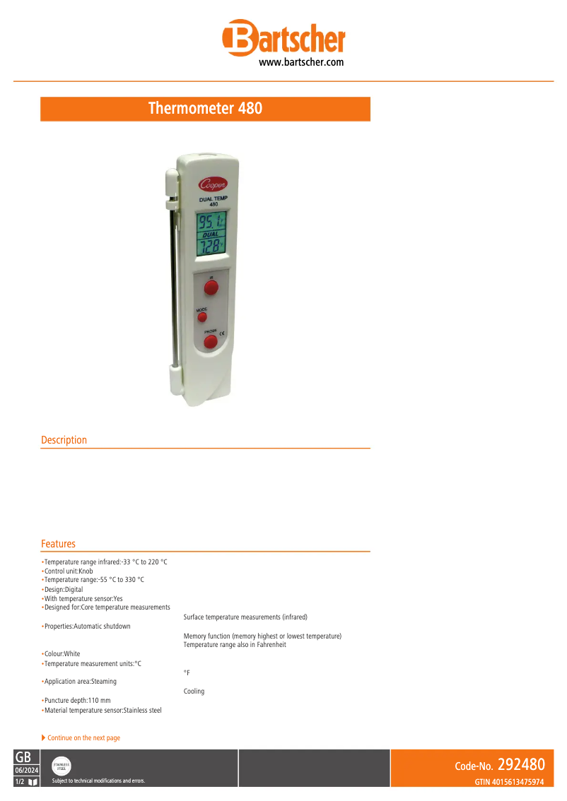 Page 1 de la notice Fiche technique Bartscher 480