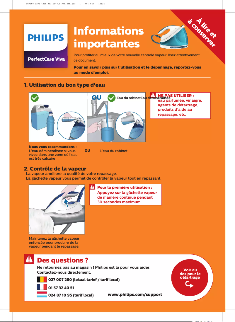 Page n°1 - Guide de démarrage rapide Philips PerfectCare Viva GC7035