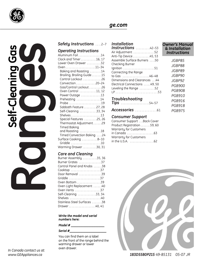 Page n°1 - Guide d'installation GE JGBP85SEJSS