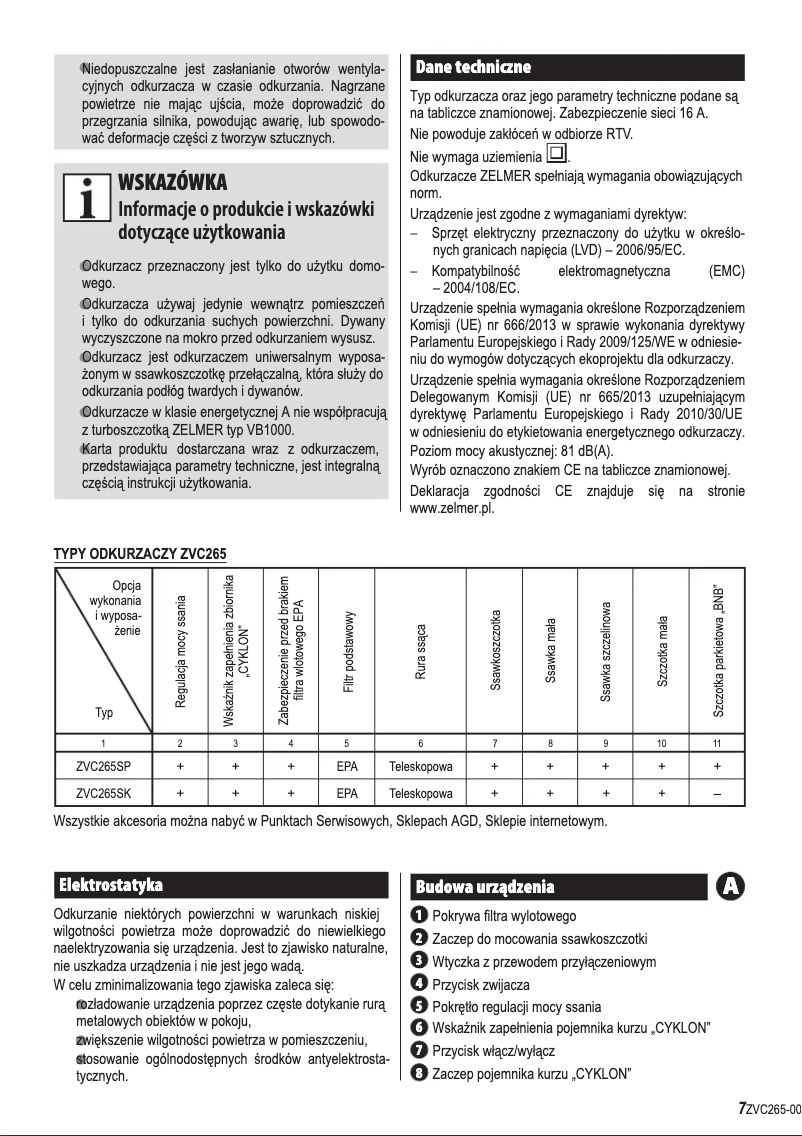Page 1 de la notice Manuel utilisateur Zelmer ZVC265SK