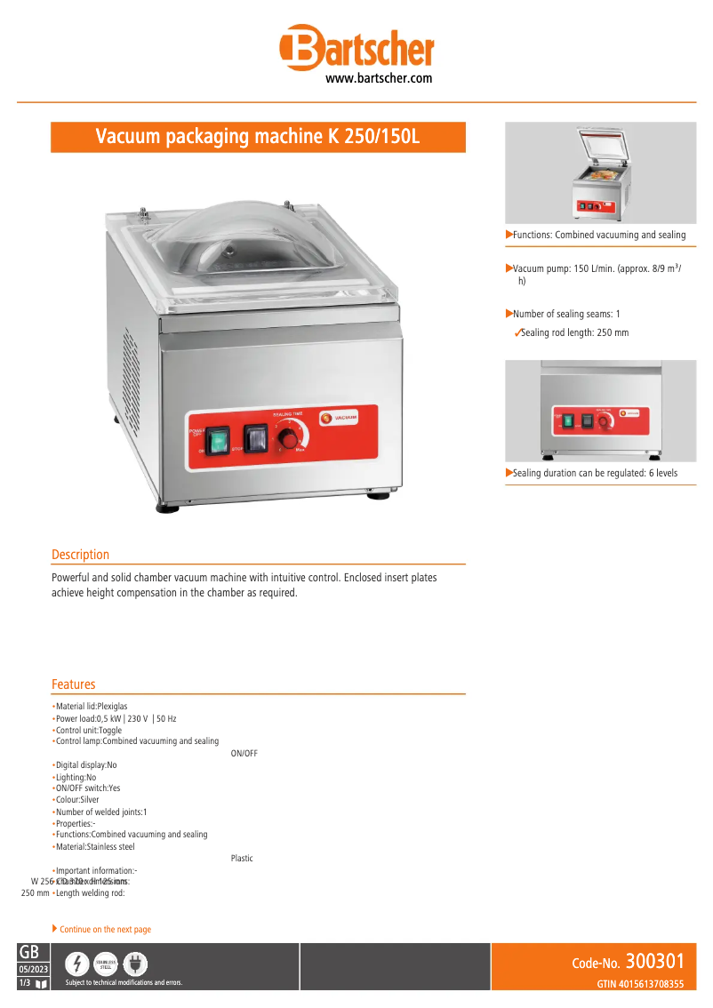 Página 1 del manual Ficha técnica Bartscher 300301