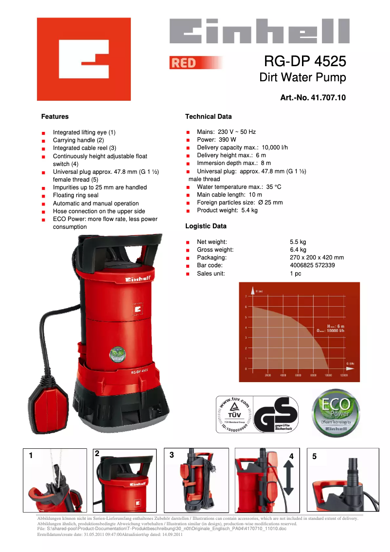Page 1 de la notice Fiche technique Einhell GE-DP 3925 ECO