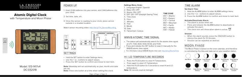 Page n°1 - Guide de démarrage rapide La Crosse Technology 513-1417V4