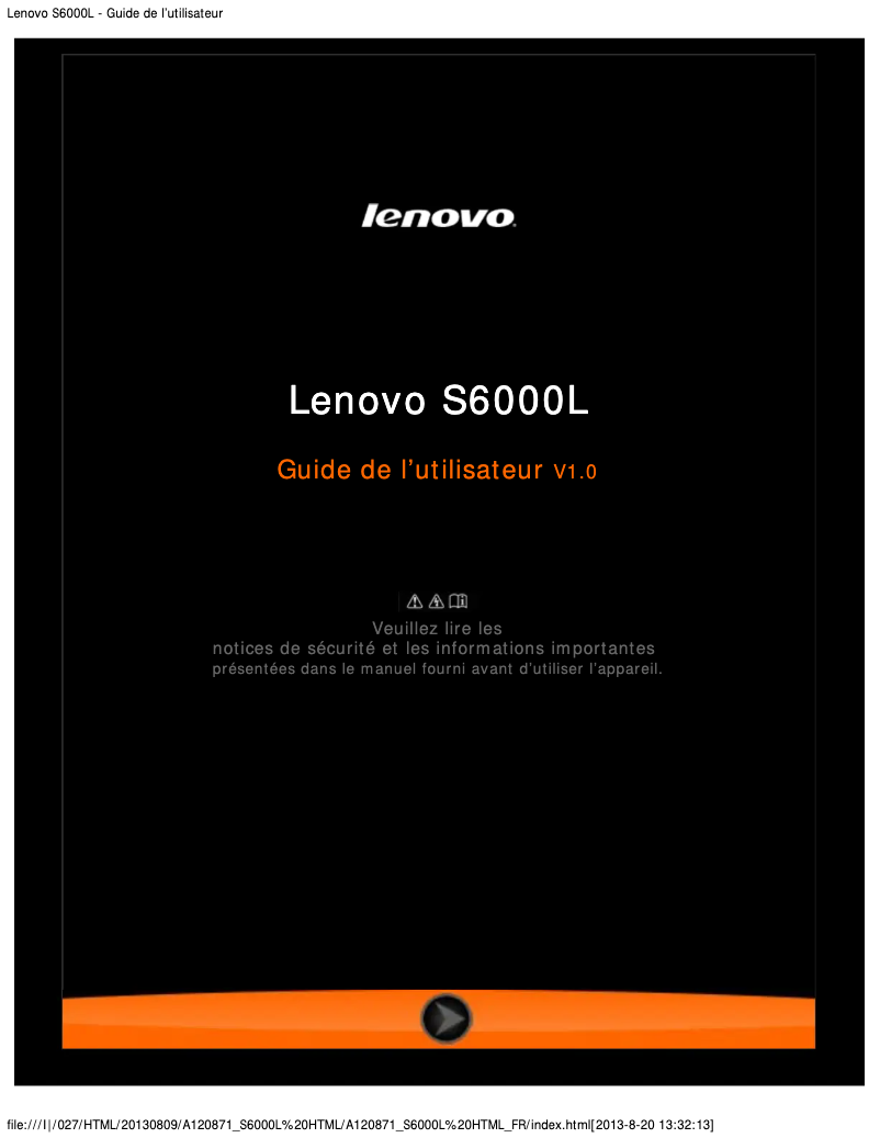 Page 1 de la notice Manuel utilisateur Lenovo IdeaTab S6000L