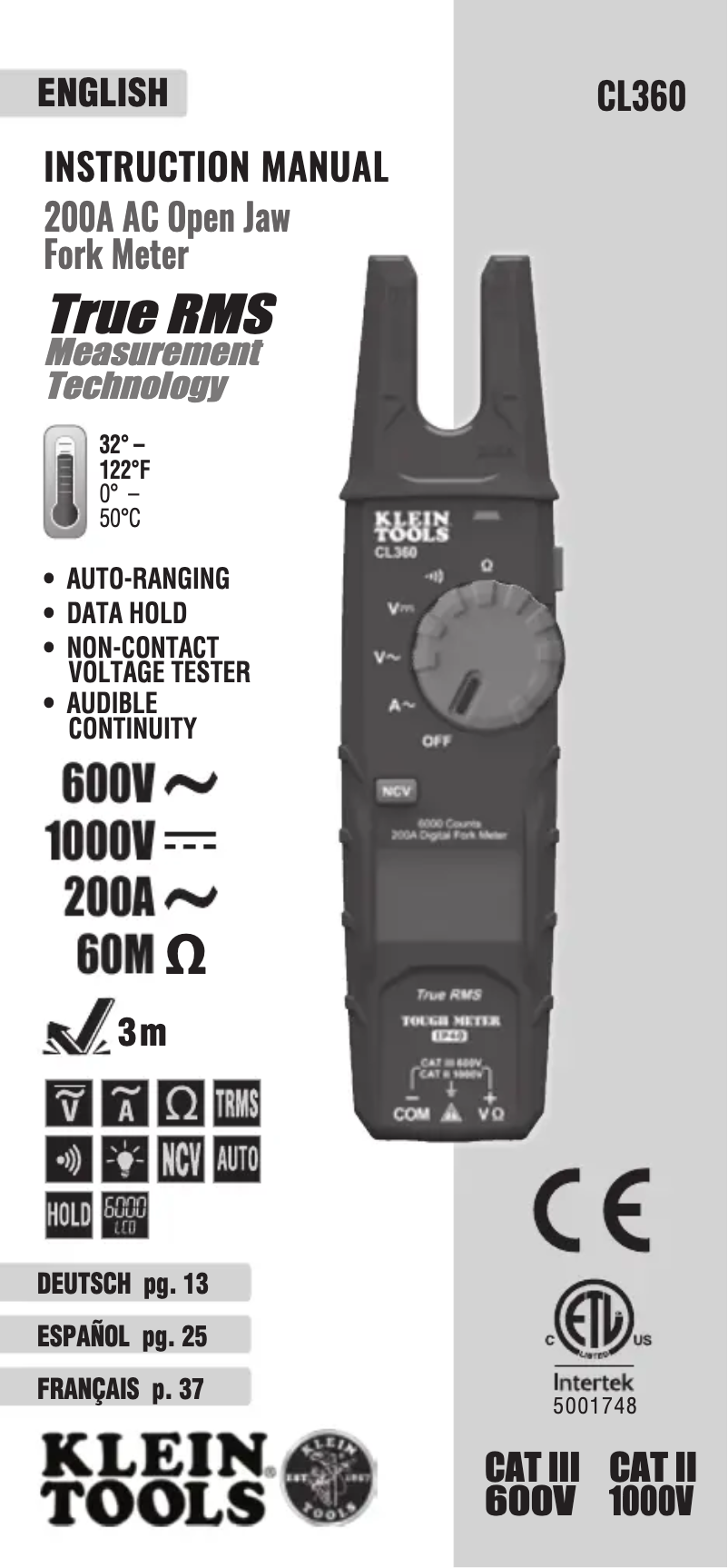 Page n°1 - Manuel utilisateur Klein Tools CL360