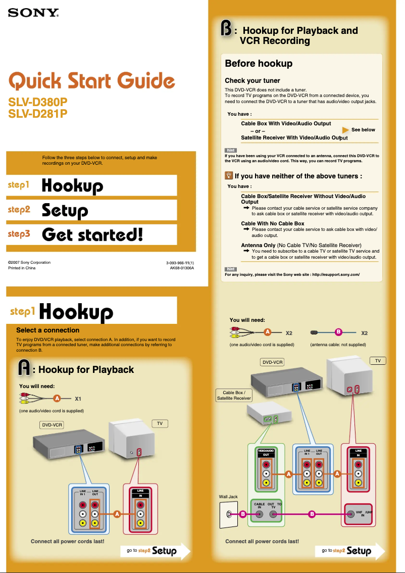 Page 1 de la notice Guide d'installation Sony SLV-D380P