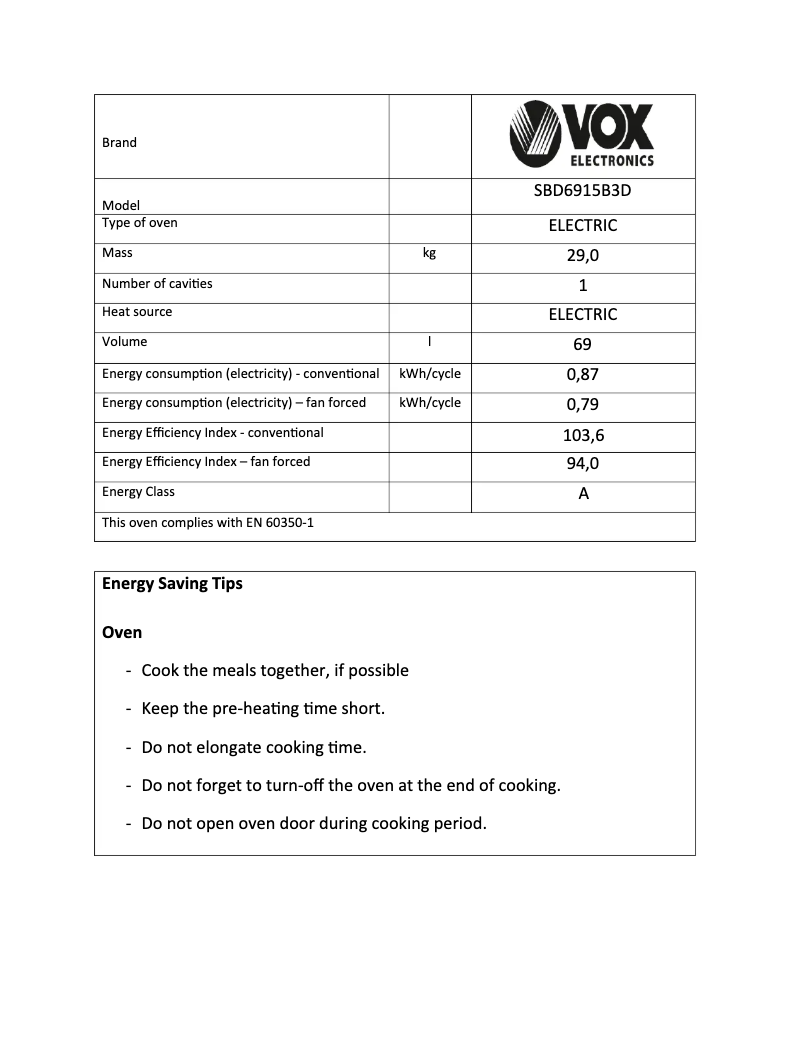 Página 1 del manual Ficha técnica VOX SBD6915B3D