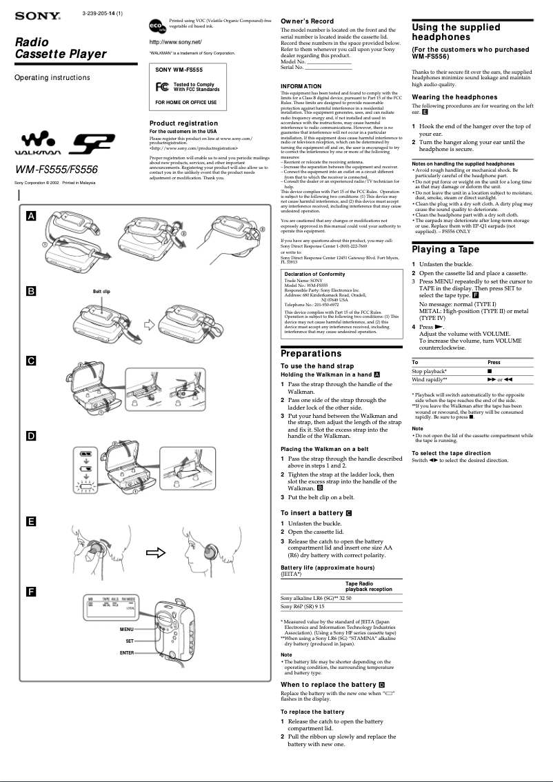 Image de la première page du manuel de l'appareil Walkman WM-FS556