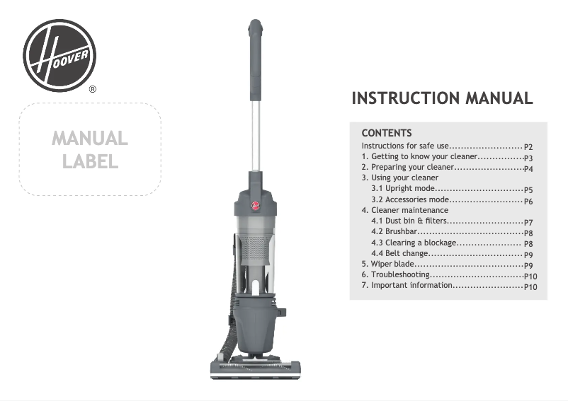 Page 1 de la notice Manuel utilisateur Hoover H-Upright 300 HU300RHM