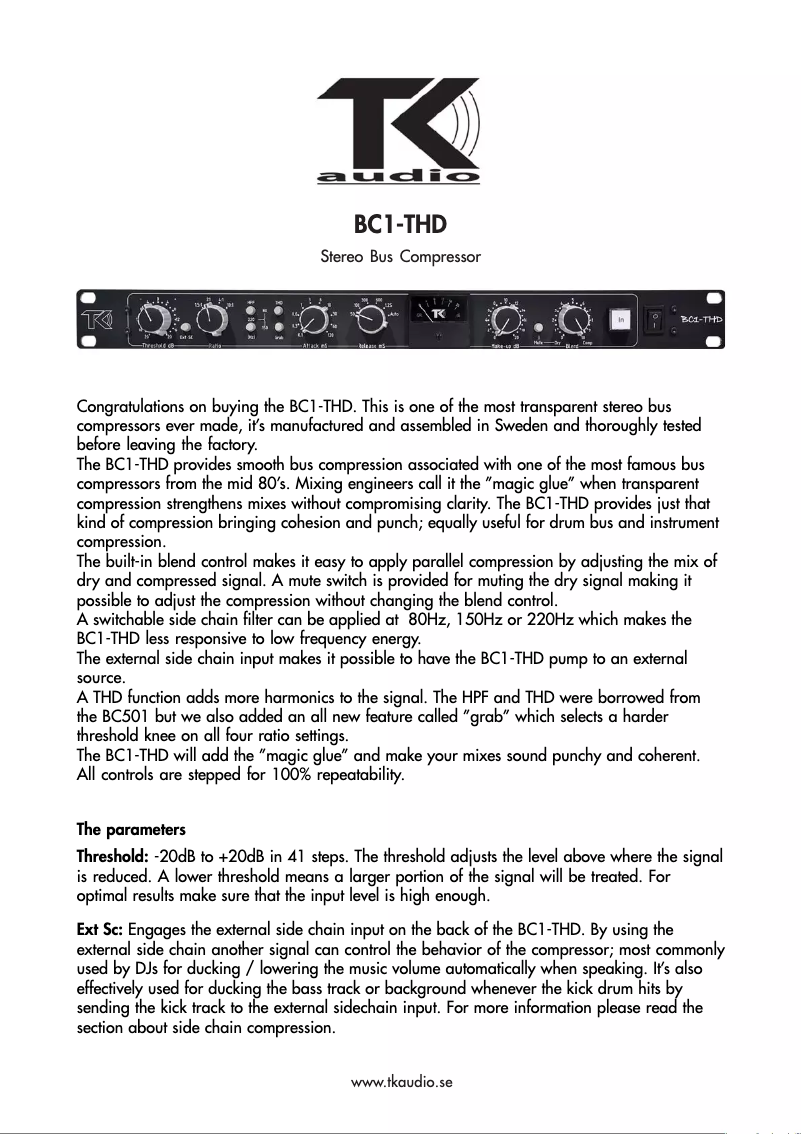 Page 1 de la notice Manuel utilisateur TK Audio BC1-THD