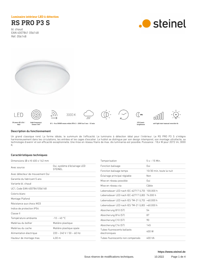 Page 1 de la notice Fiche technique Steinel RS PRO P3 S
