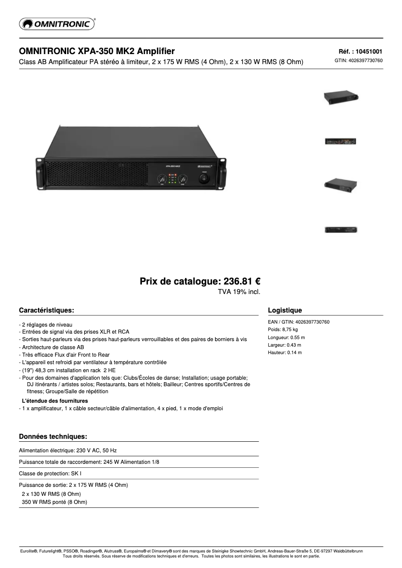 Page n°1 - Fiche technique Omnitronic XPA-350 MK2