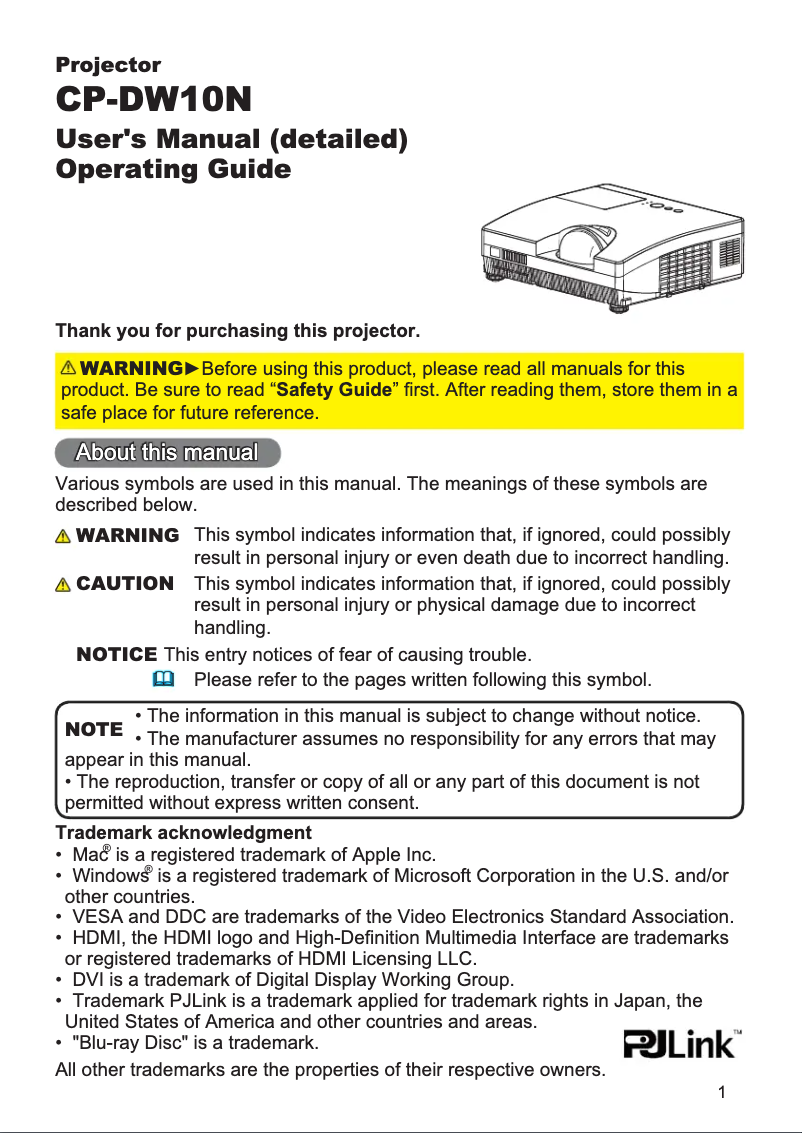 Image de la première page du manuel de l'appareil CP-DW10N