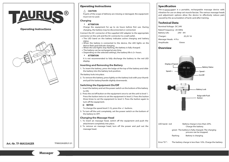 Page n°1 - Manuel utilisateur Taurus Massager Comfort