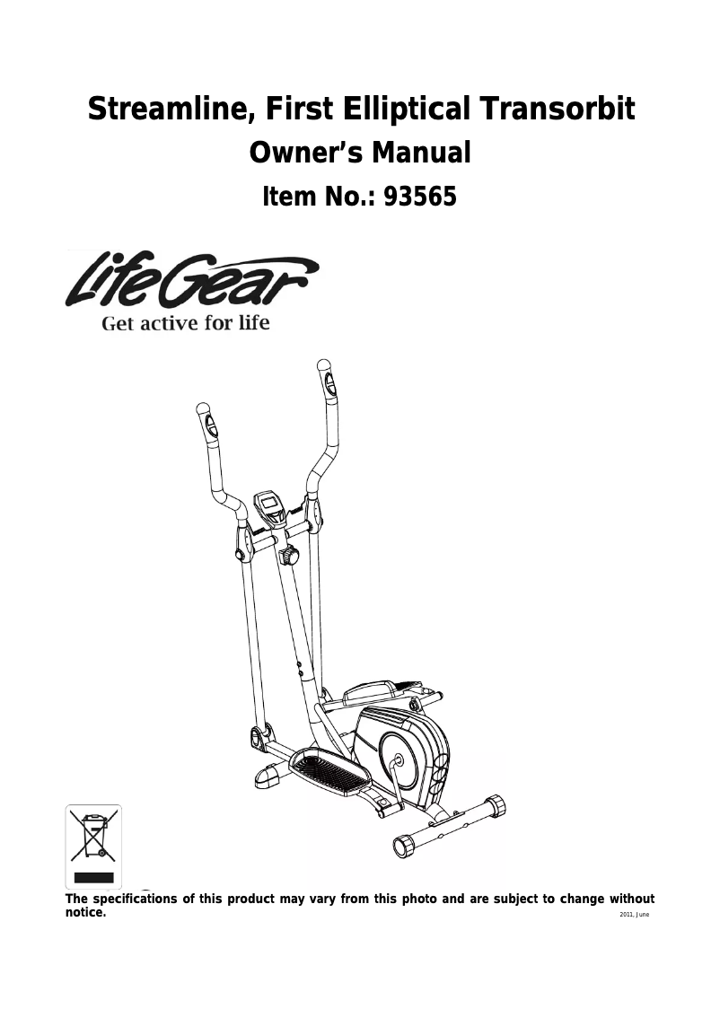 Page 1 de la notice Manuel utilisateur Life Gear Streamline First Elliptical Transorbit 93565