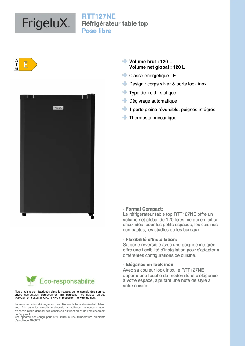 Página 1 del manual Ficha técnica FrigeluX RTT127NE