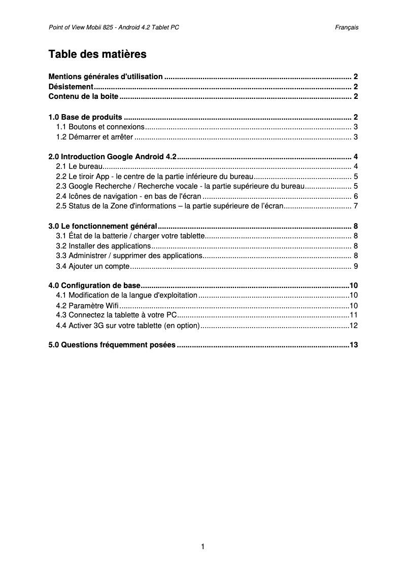 Page n°1 - Manuel utilisateur Point of View Mobii 825