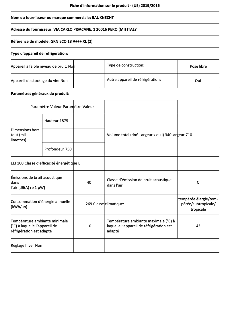 Page 1 de la notice Fiche technique Bauknecht GKN ECO 18 A+++ XL