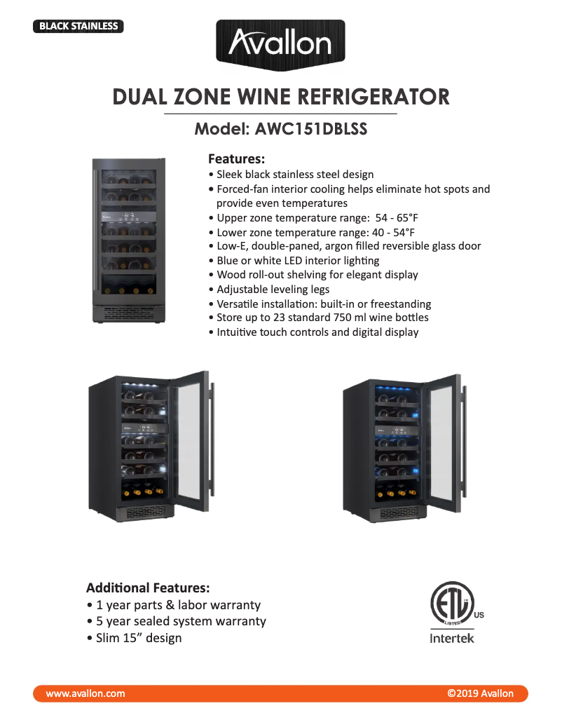 Page 1 de la notice Fiche technique Avallon AWC152DZLH