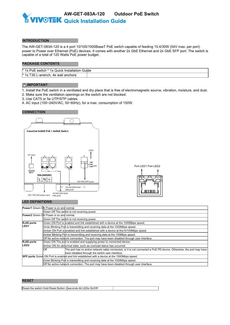 Page 1 de la notice Guide d'installation Vivotek AW-GET-083A-120