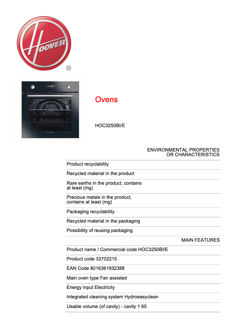 Page 1 de la notice Fiche technique Hoover HOC3250BI/E