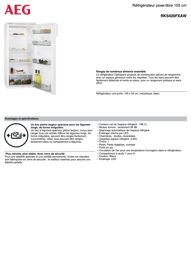 Page 1 de la notice Fiche technique AEG RKS420FXAW