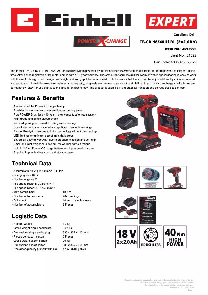 Page 1 de la notice Fiche technique Einhell TE-CD 18/40 Li BL
