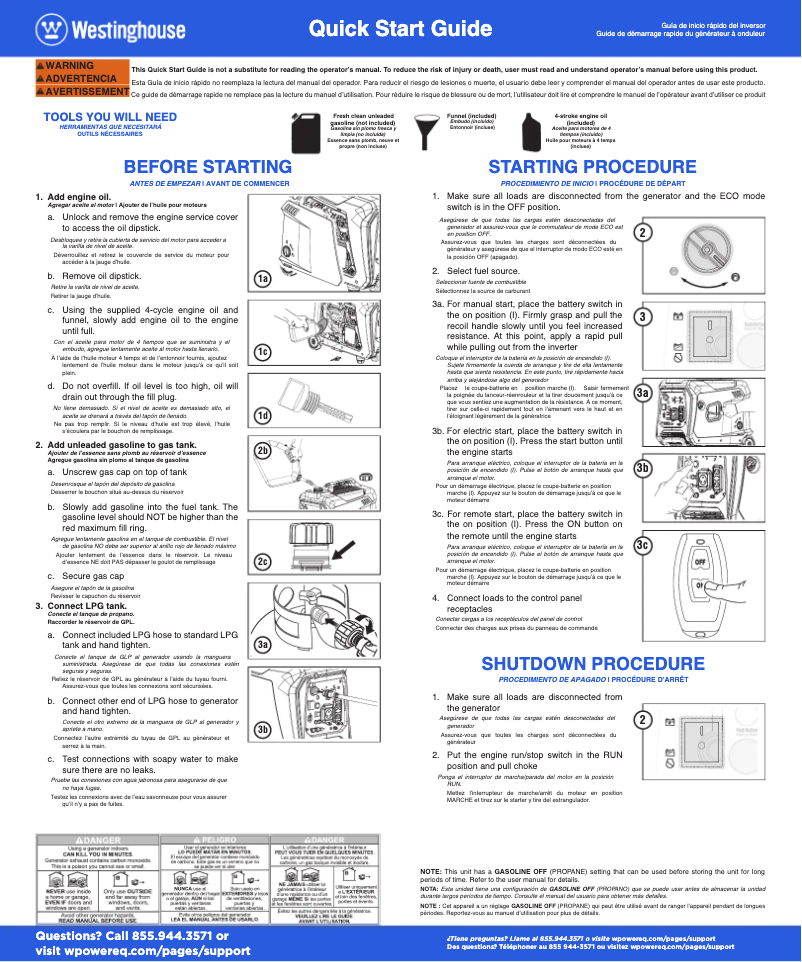 Page 1 de la notice Guide de démarrage rapide Westinghouse iGen4000DFc