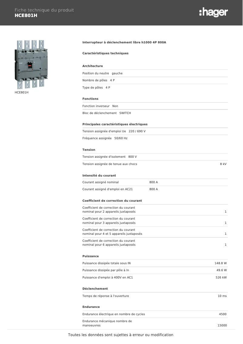 Page n°1 - Fiche technique Hager HCE801H