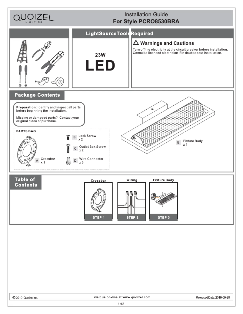 Page 1 de la notice Manuel utilisateur Quoizel Rosalie PCRO8530BRA