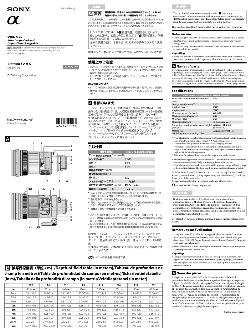Page 1 de la notice Manuel utilisateur Sony SAL300F28G